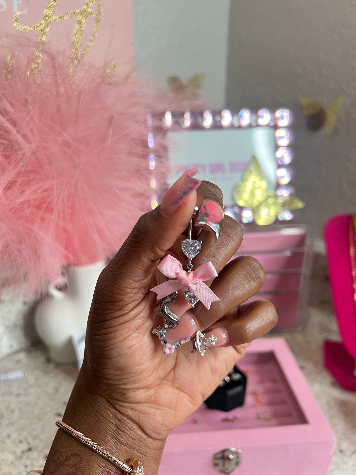 Light Pink ribbon - Dangle Belly Piercing